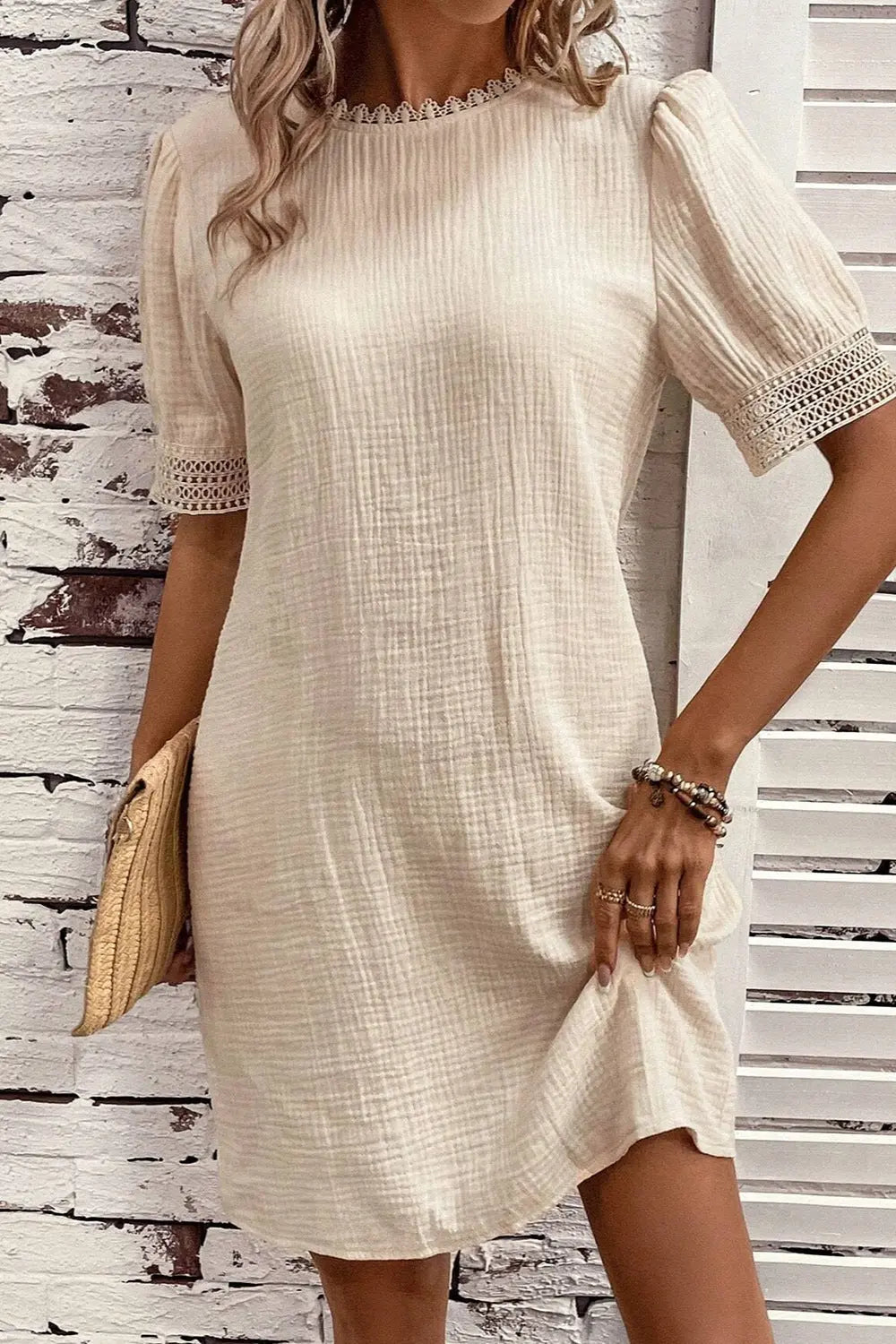 Lace Detail Round Neck Short Sleeve Mini Dress -BazaarBey - www.shopbazaarbey.com