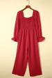 Smocked Long Flounce Sleeve Square Neck Jumpsuit Trendsi