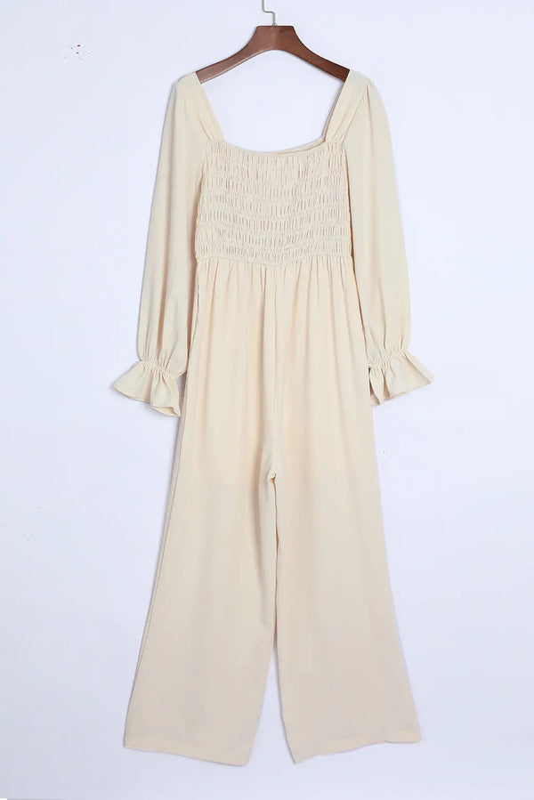 BazaarBey Smocked Long Flounce Sleeve Square Neck Jumpsuit 