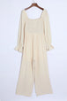 BazaarBey Smocked Long Flounce Sleeve Square Neck Jumpsuit 