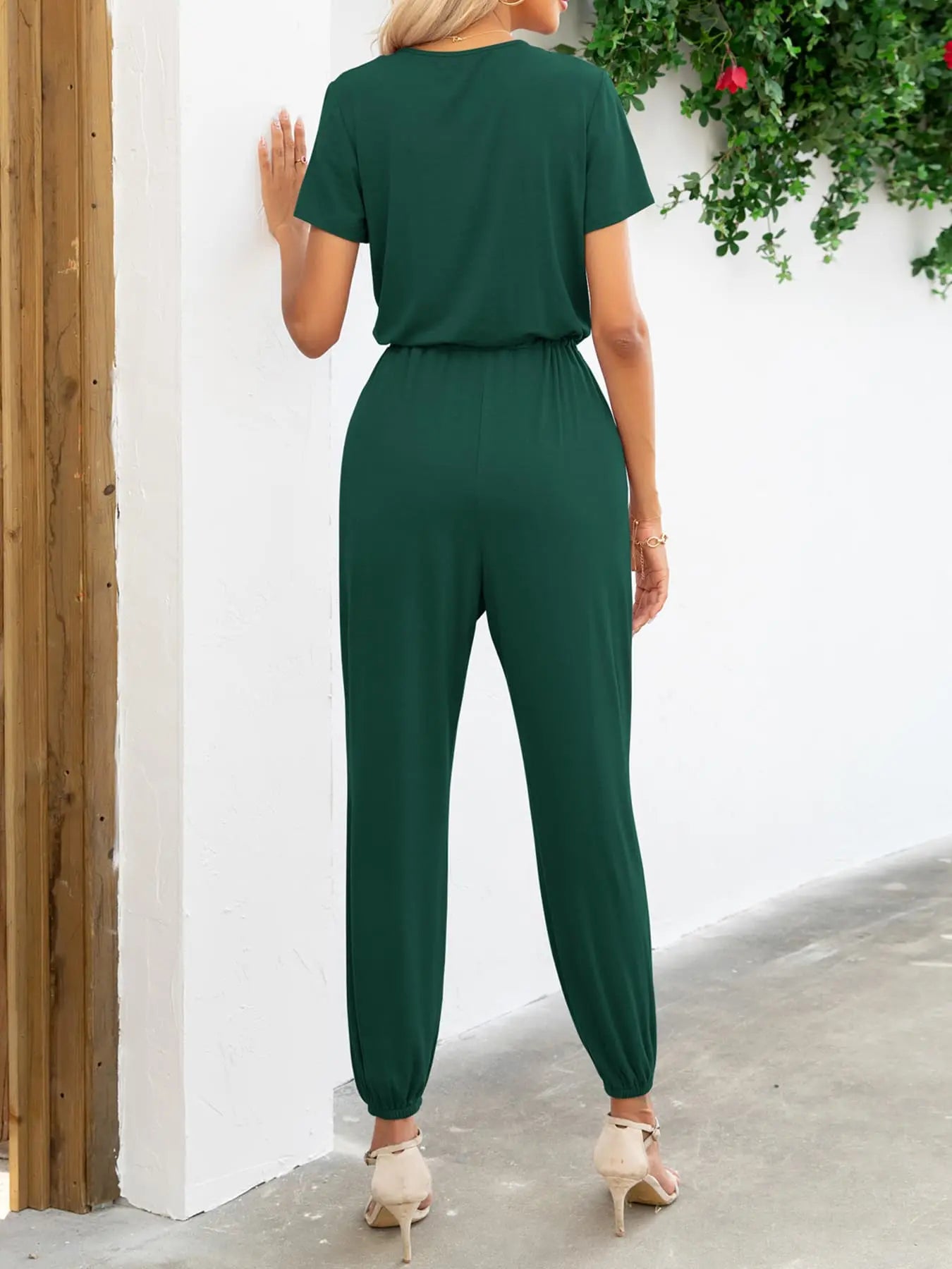 Short Sleeve V-Neck Jumpsuit with Pockets Trendsi