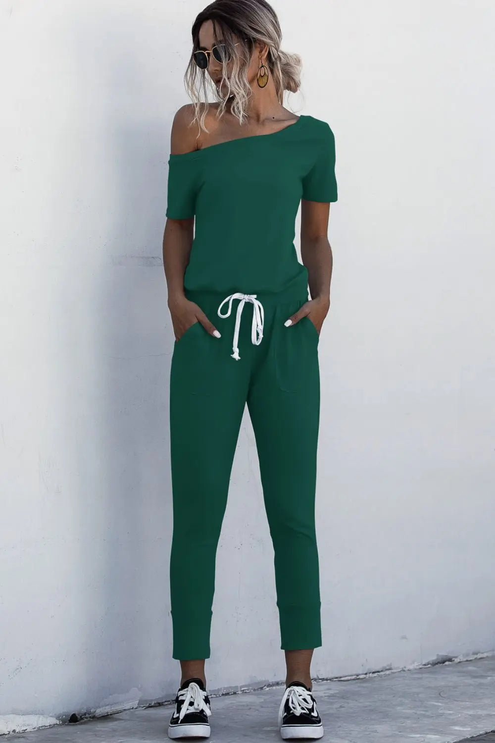 Asymmetrical Neck Tied Jumpsuit with Pockets Bazaarbey