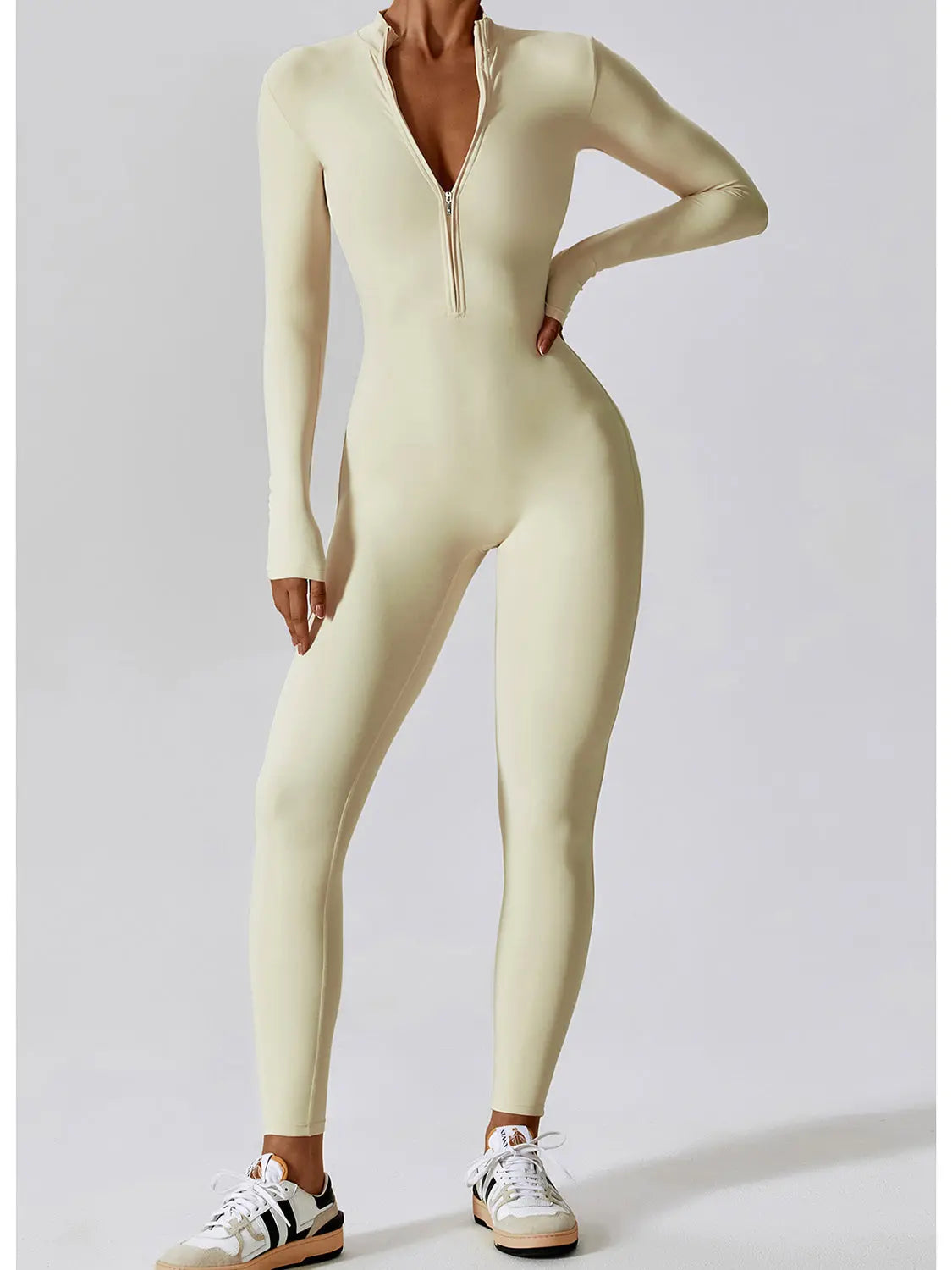 Zip Up Mock Neck Long Sleeve Jumpsuit Trendsi