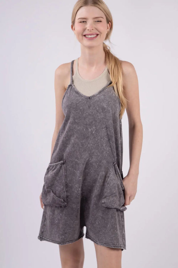 BazaarBey  V-Neck Sleeveless Washed Romper 
