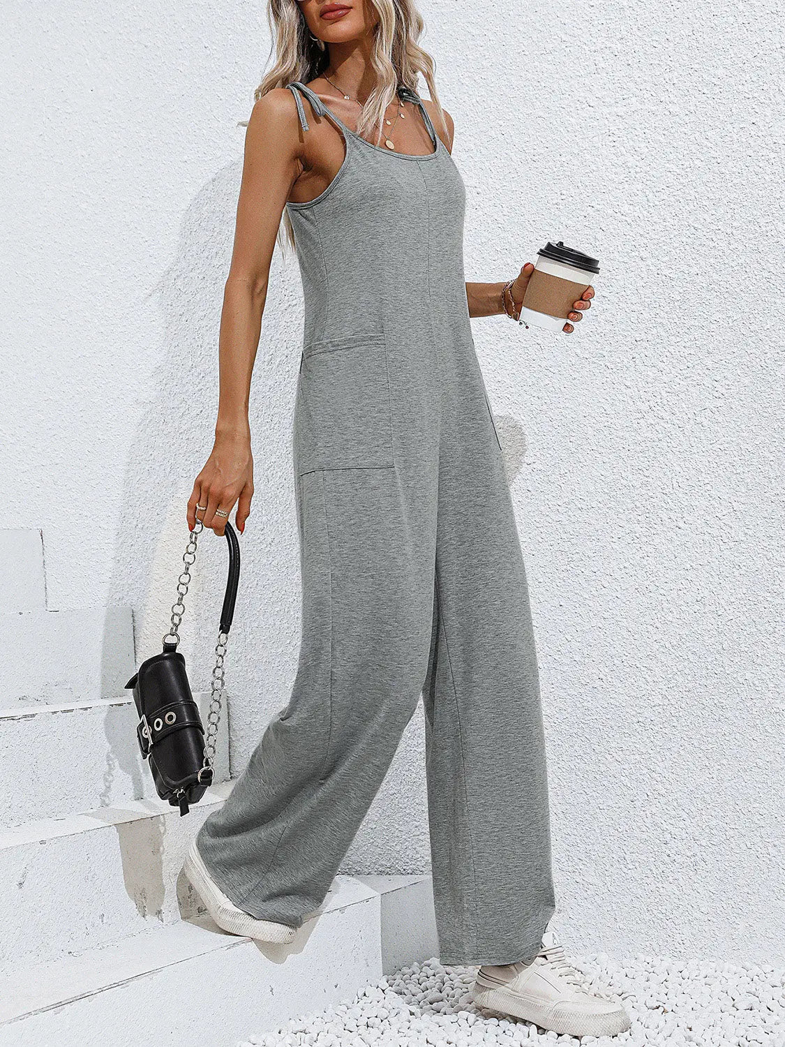 Tie-Shoulder Wide Leg Jumpsuit with Pockets Trendsi