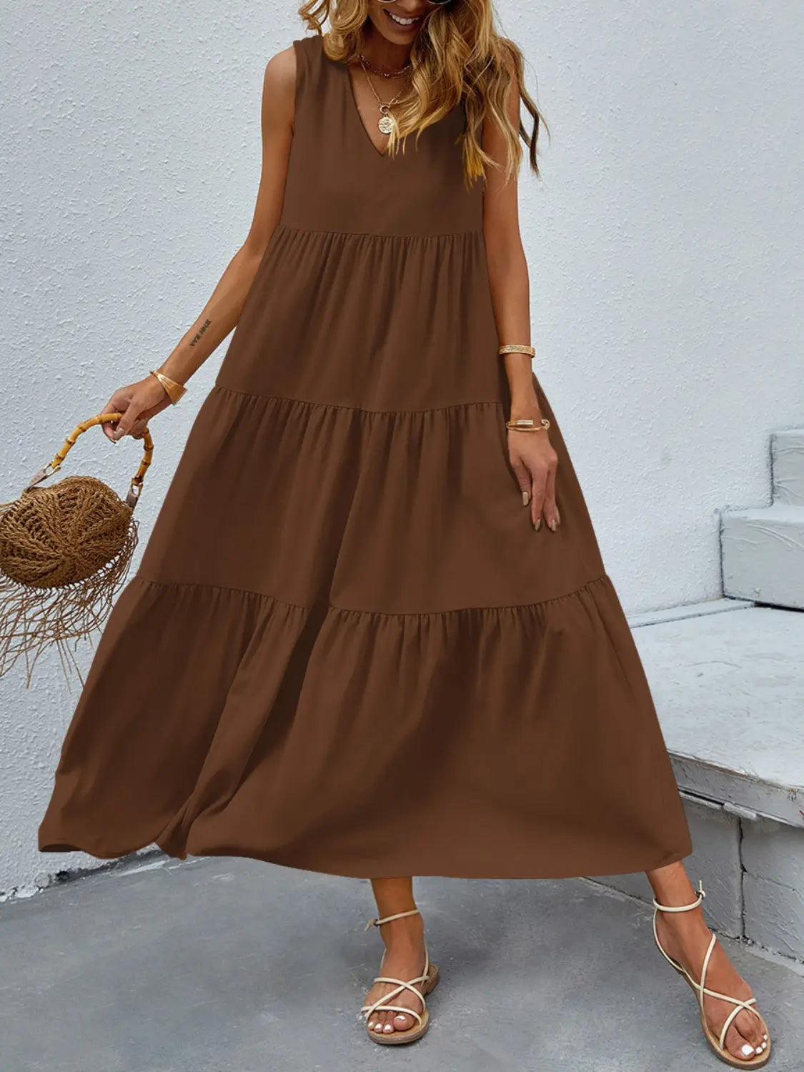 Tiered V-Neck Sleeve Dress -BazaarBey - www.shopbazaarbey.com