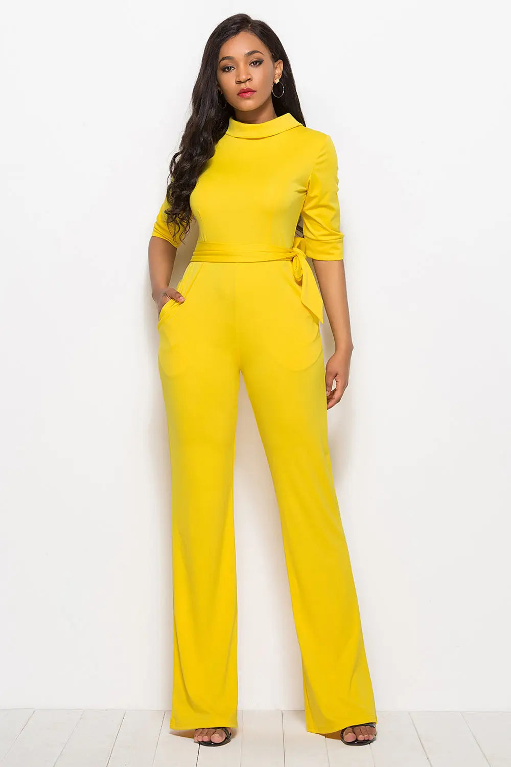 Mock Neck Tie-Waist Half Sleeve Jumpsuit Trendsi
