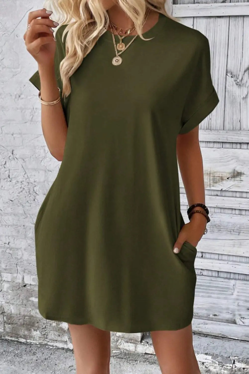 Pocketed Round Neck Short Sleeve Dress -BazaarBey - www.shopbazaarbey.com