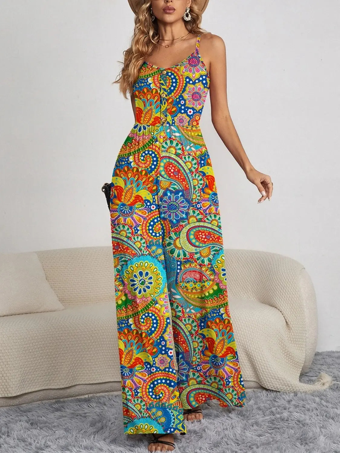 Decorative Button Spaghetti Strap Wide Leg Jumpsuit Bazaarbey