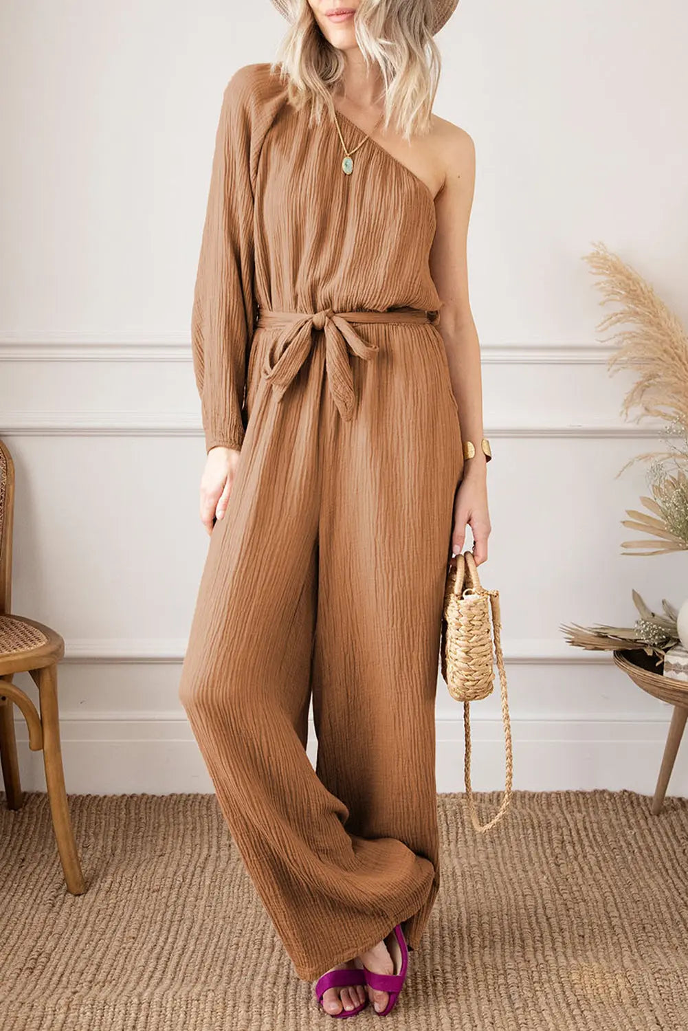 Texture Single Shoulder Tie-Waist Jumpsuit Trendsi