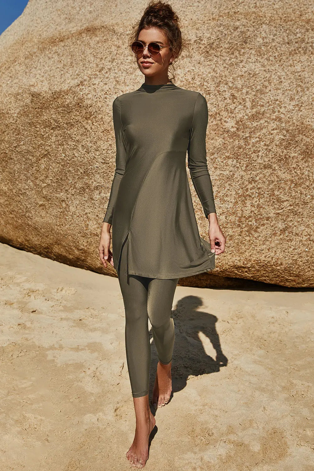 BazaarBey Slit Mock Neck Long Sleeve Top and Pants  Set 