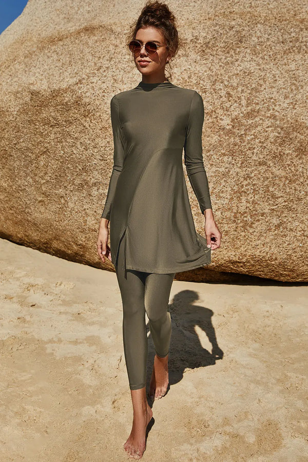 BazaarBey Slit Mock Neck Long Sleeve Top and Pants  Set 