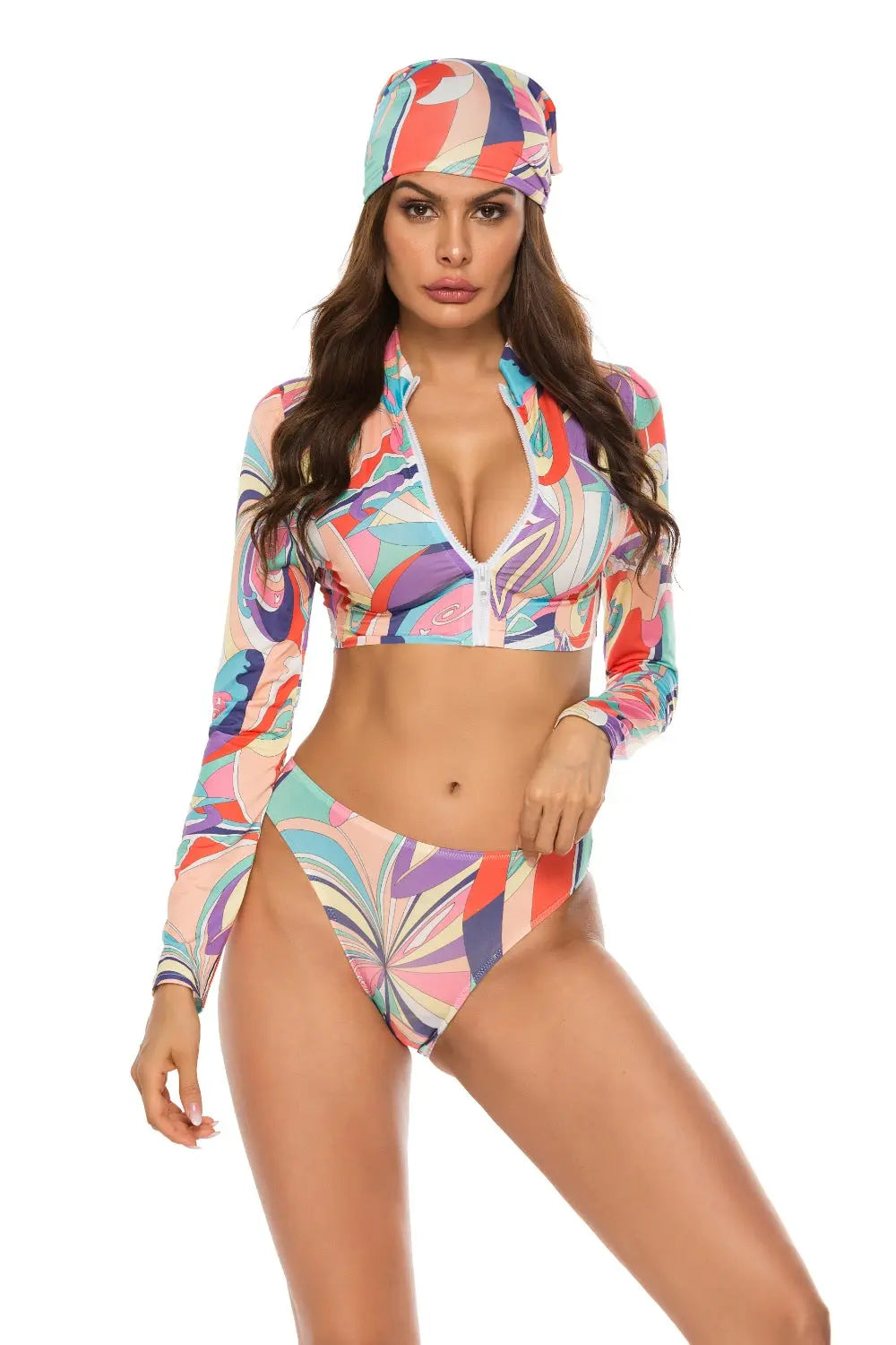 Printed Zip Up Three-Piece Swim Set Trendsi