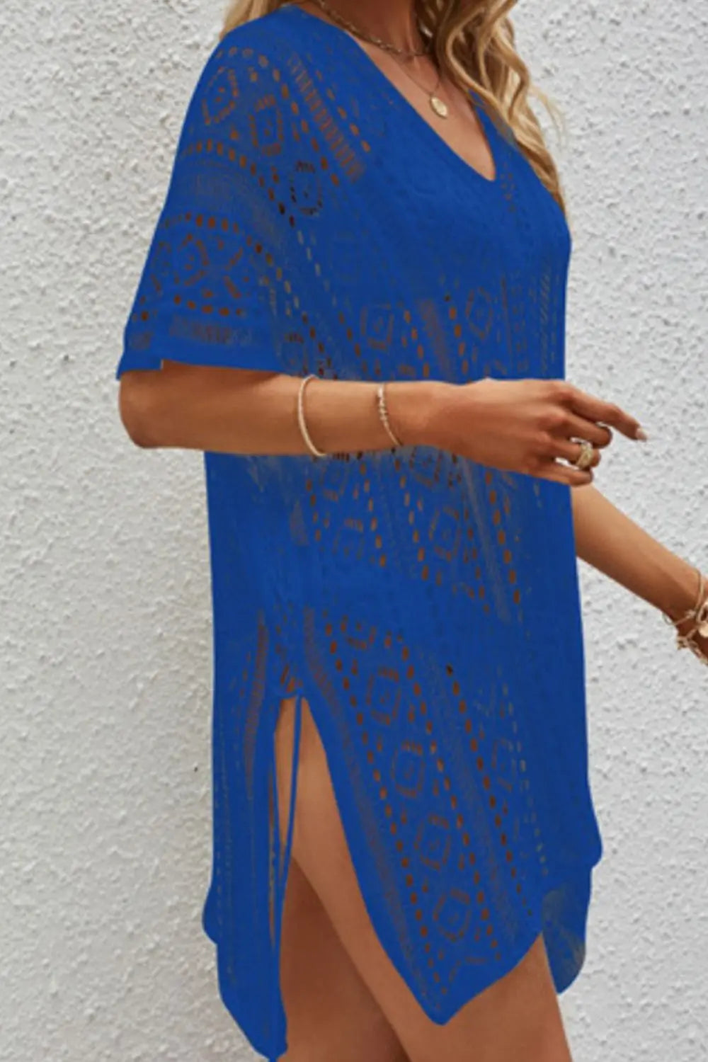Openwork V-Neck Short Sleeve Cover Up Trendsi
