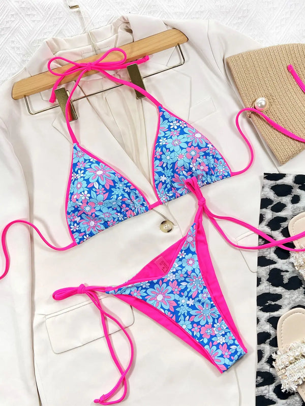 Floral Halter Neck Tie Side Bikini Set Trendsi