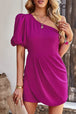 One-Shoulder Puff Sleeve Pleated Detail Romper Trendsi