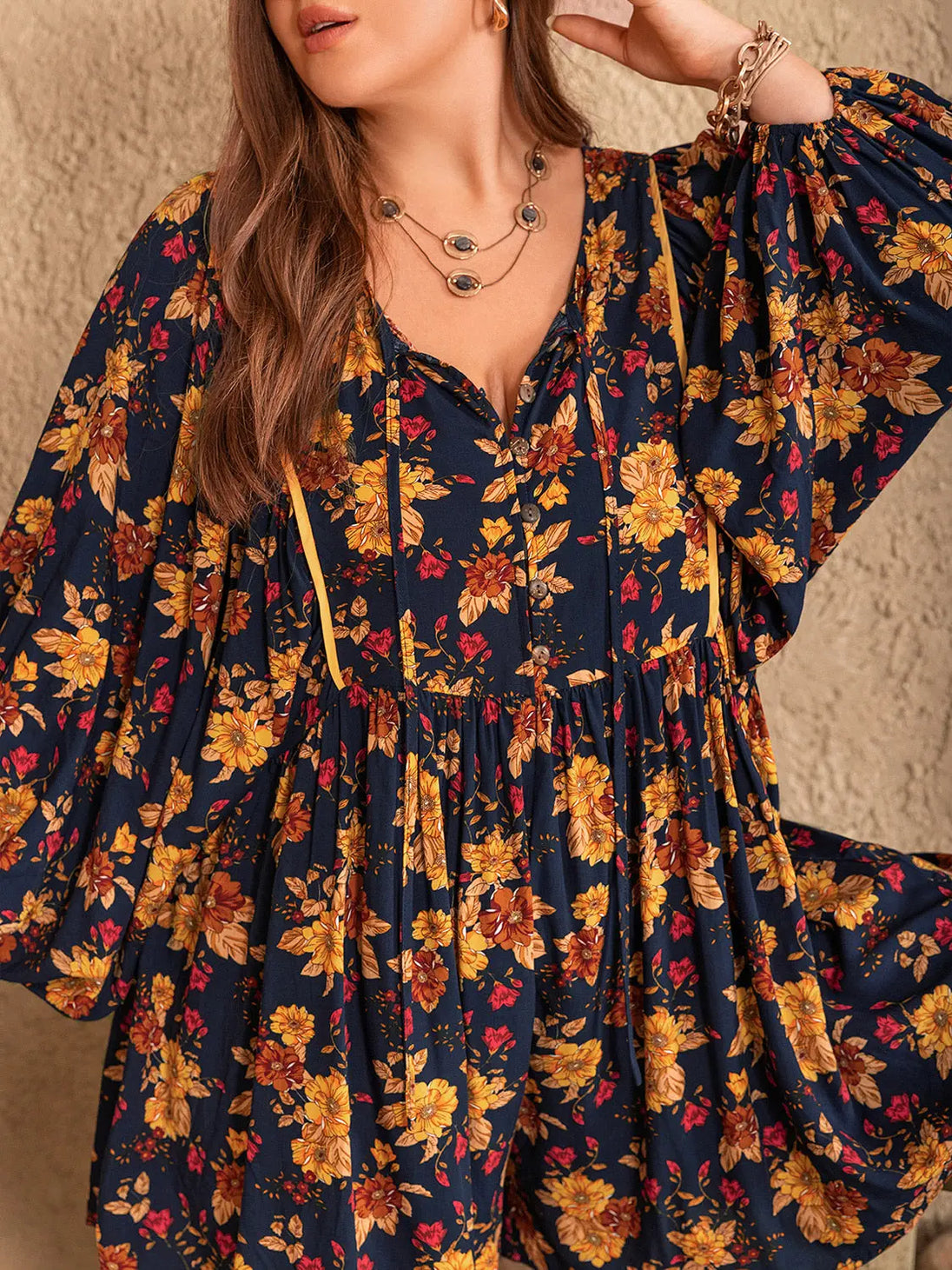 Floral Tie Neck Balloon Sleeve Romper Trendsi