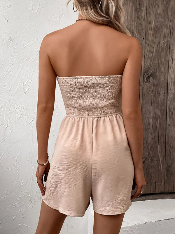 Decorative Button Smocked Strapless Romper Trendsi
