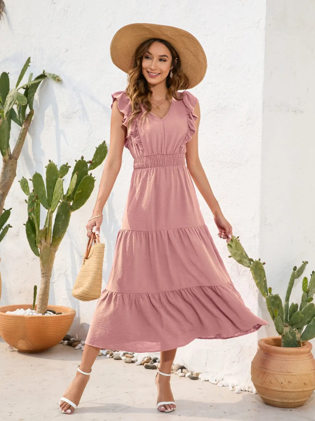 Tiered Ruffled V-Neck Cap Sleeve Dress -BazaarBey - www.shopbazaarbey.com