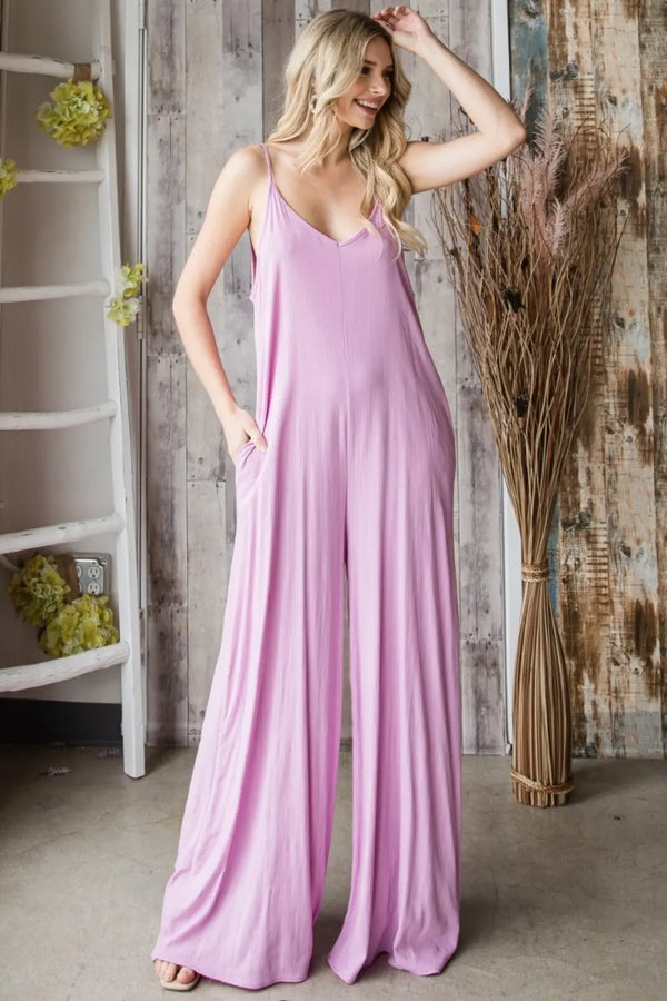 BazaarBey Veveret Pocketed Spaghetti Strap V-Neck Wide Leg Jumpsuit 