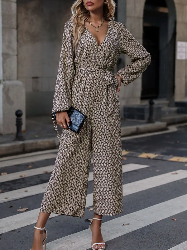 BazaarBey Printed Surplice Neck Tie Waist Wide Leg Jumpsuit 