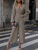 BazaarBey Printed Surplice Neck Tie Waist Wide Leg Jumpsuit 