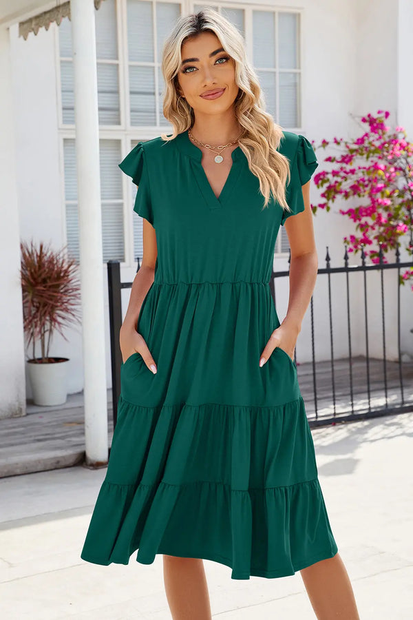 Ruched Notched Cap Sleeve Dress -BazaarBey - www.shopbazaarbey.com
