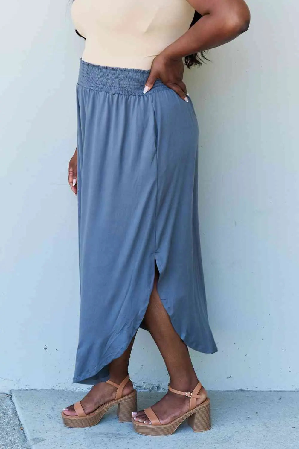  Comfort Princess Full Size High Waist Scoop Hem Maxi Skirt in Dusty Blue 