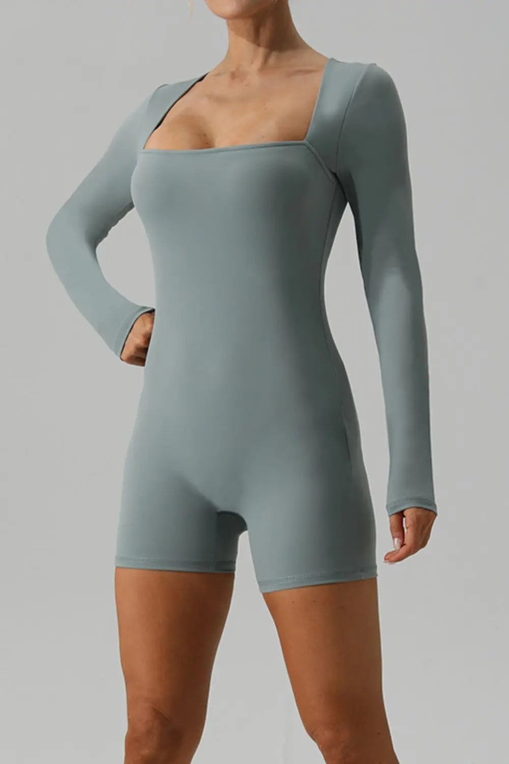 Square Neck Long Sleeve Active Romper Trendsi