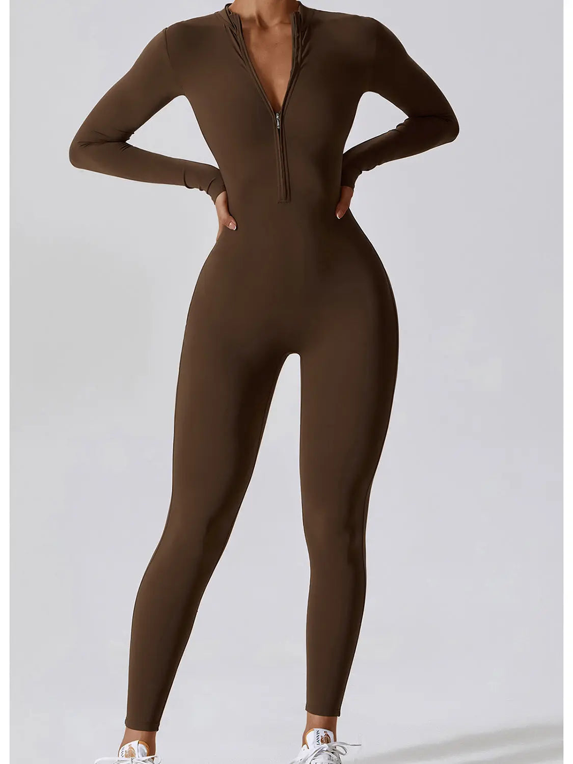 Zip Up Mock Neck Long Sleeve Jumpsuit Trendsi