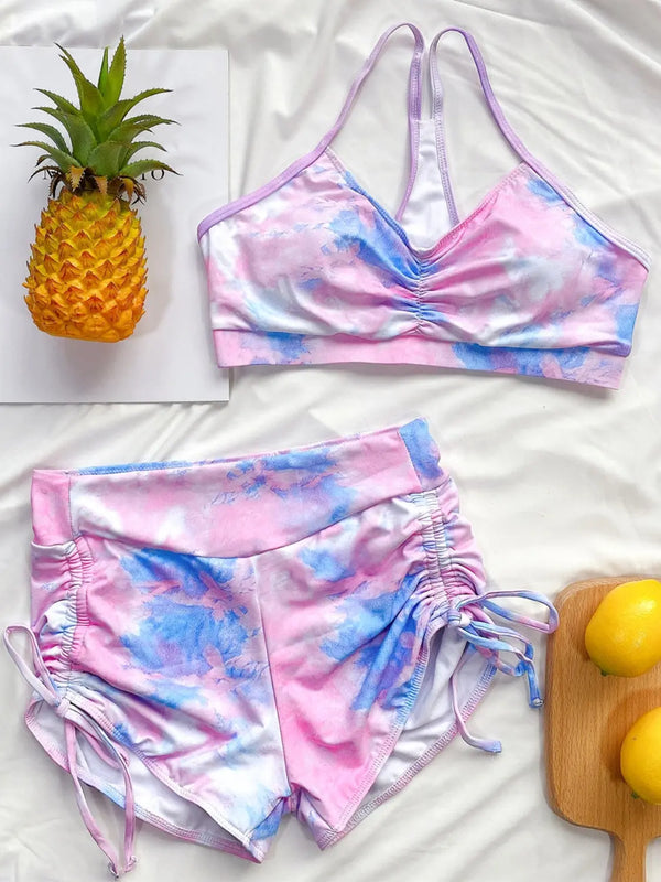 Tie-Dye Spaghetti Strap Top and Drawstring Shorts Swim Set Trendsi