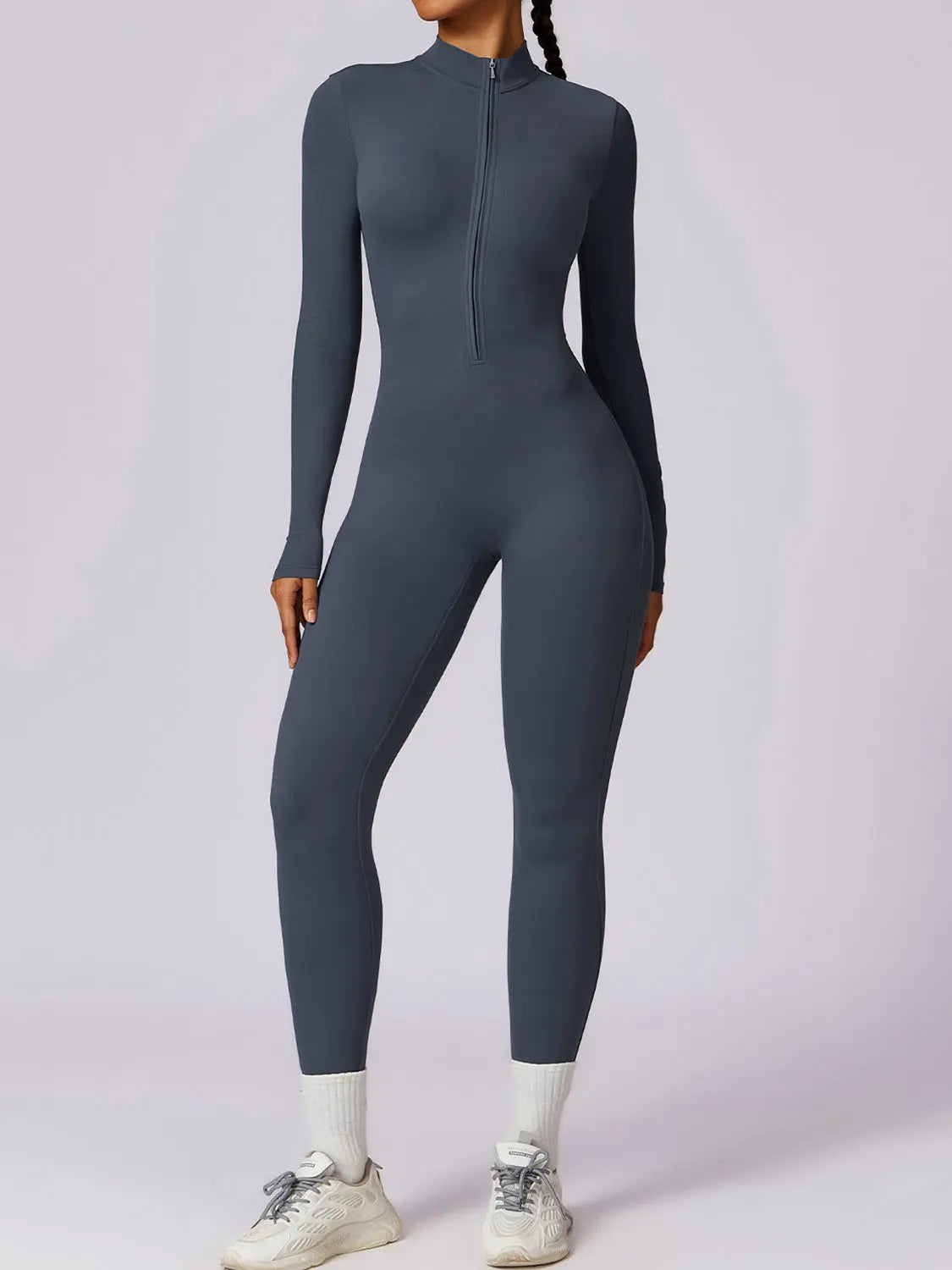 Zip Up Mock Neck Long Sleeve Jumpsuit Trendsi