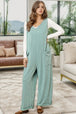 Ribbed V-Neck Wide Leg Jumpsuit with Pockets Trendsi
