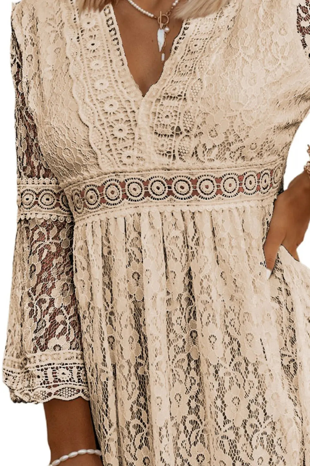 Lace V-Neck Three-Quarter Sleeve Dress -BazaarBey - www.shopbazaarbey.com