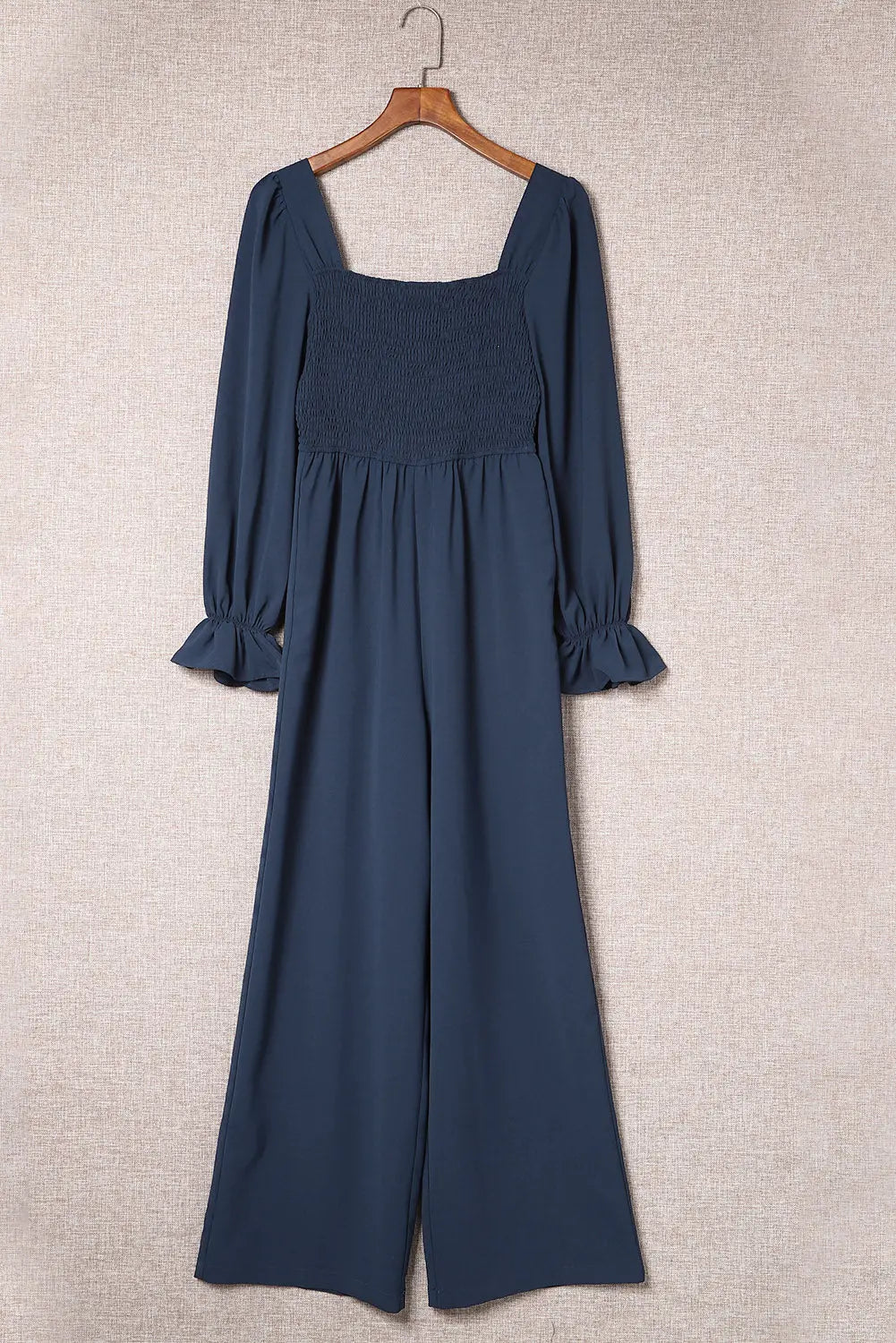 Smocked Long Flounce Sleeve Square Neck Jumpsuit Trendsi