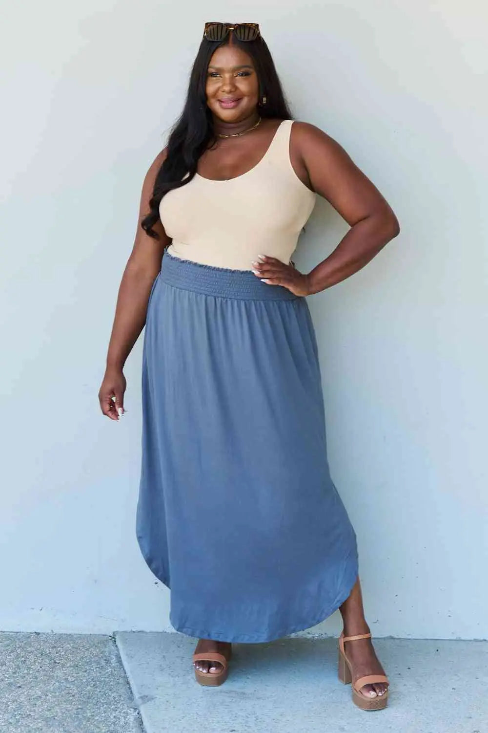  Comfort Princess Full Size High Waist Scoop Hem Maxi Skirt in Dusty Blue 