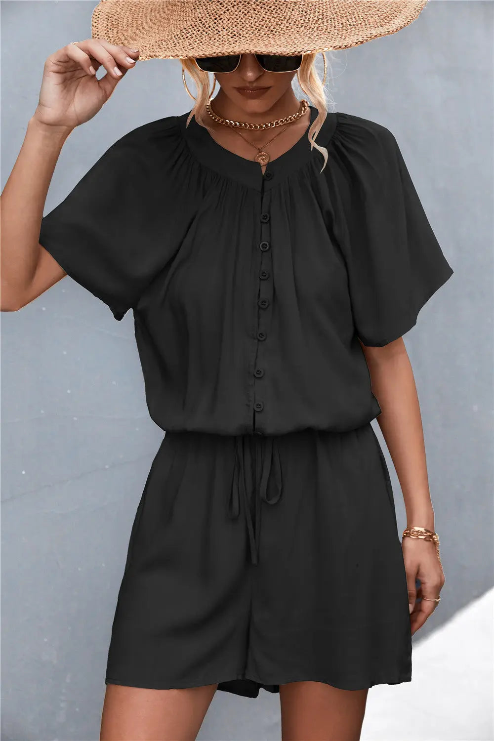 Buttoned Gather Detail Romper Bazaarbey