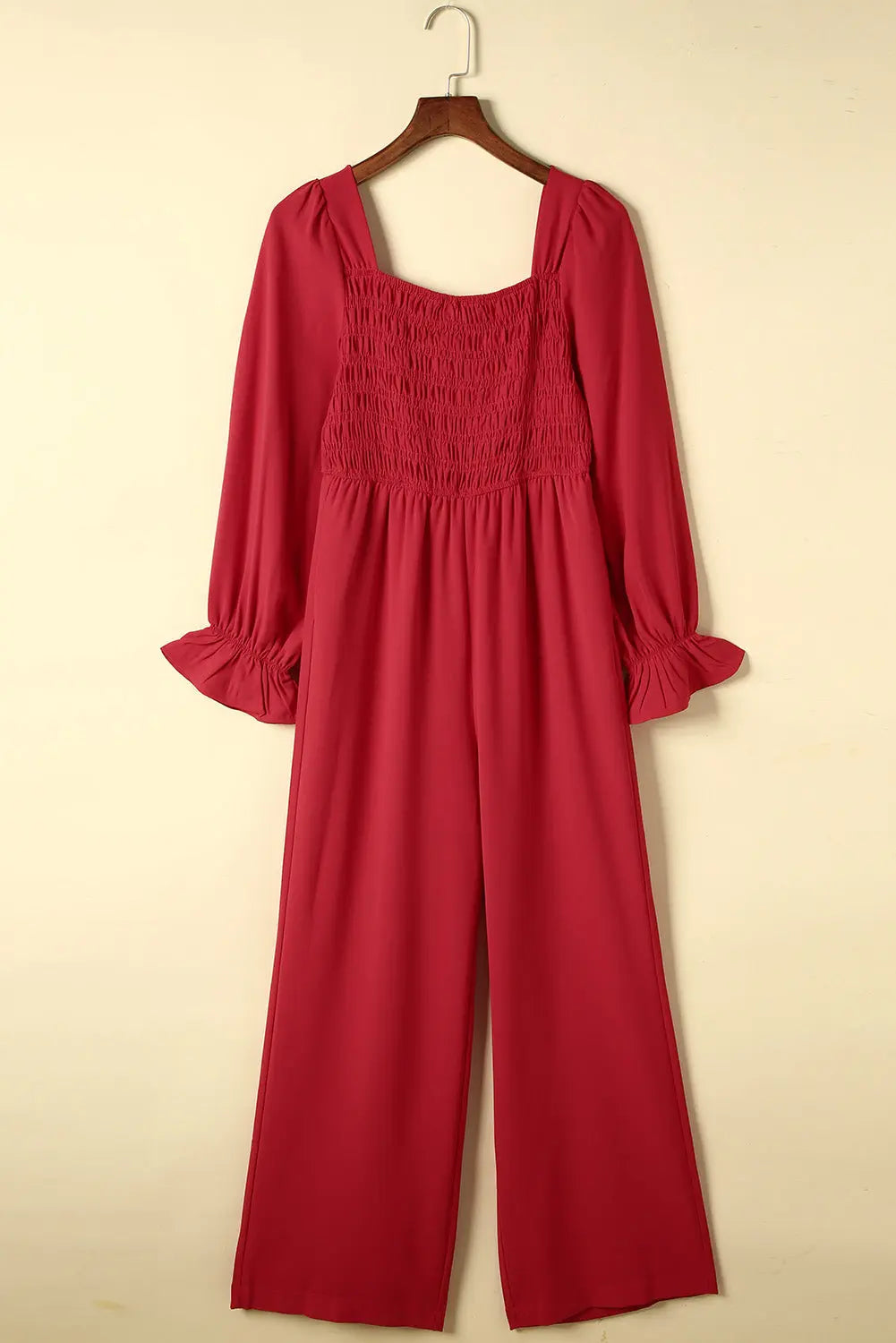 Smocked Long Flounce Sleeve Square Neck Jumpsuit Trendsi