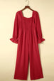 Smocked Long Flounce Sleeve Square Neck Jumpsuit Trendsi
