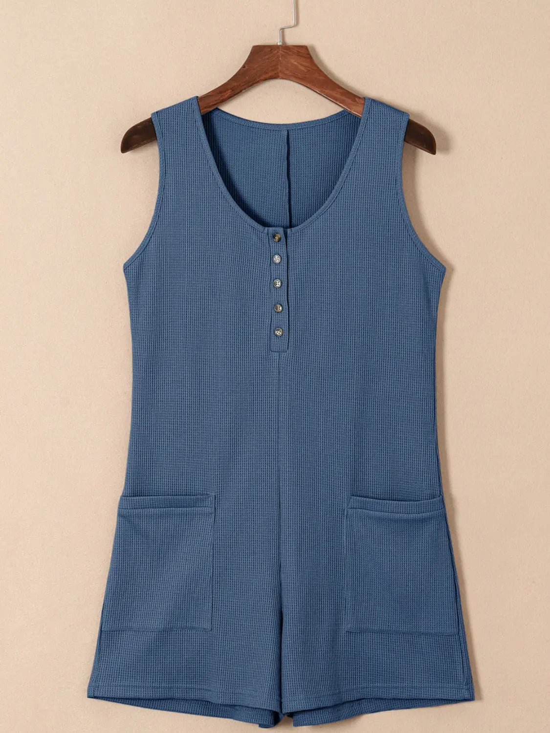 Waffle-Knit Half Button Sleeveless Romper with Pockets Trendsi
