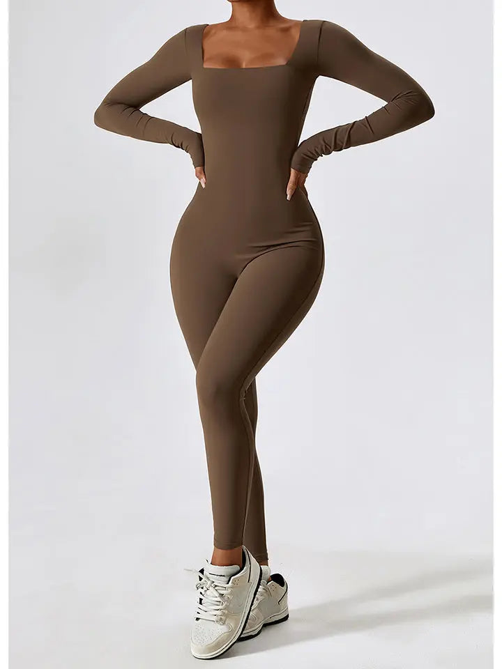 Square Neck Long Sleeve Sports Jumpsuit Trendsi