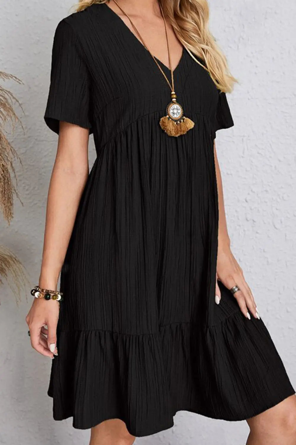 Full Size Ruched V-Neck Short Sleeve Dress -BazaarBey - www.shopbazaarbey.com