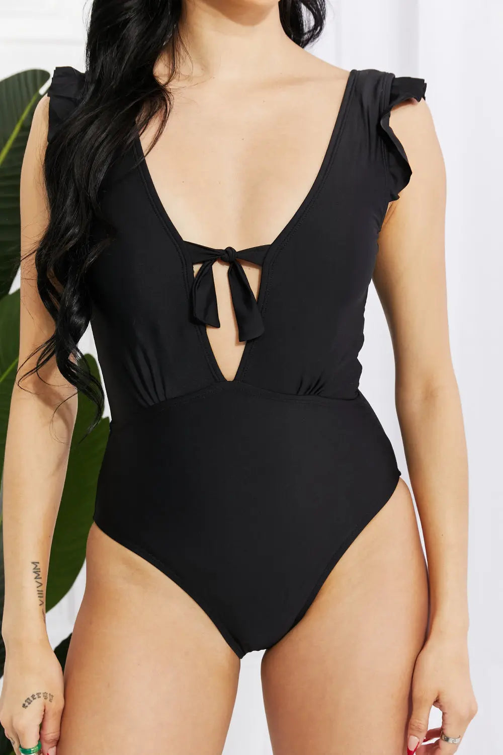  Swim Seashell Ruffle Sleeve One-Piece in Black Trendsi