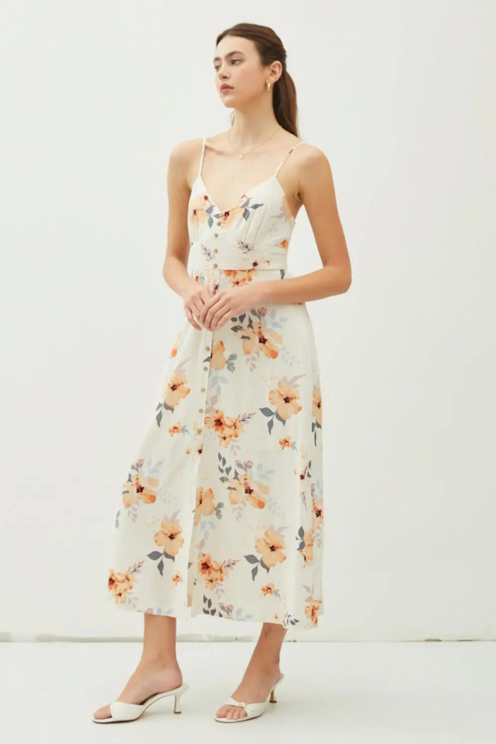  Floral Button Down Cami Midi Dress -BazaarBey - www.shopbazaarbey.com