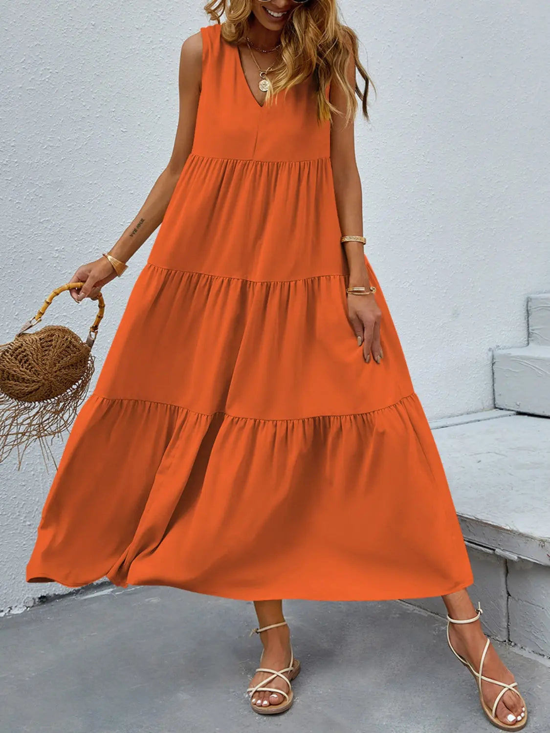 Tiered V-Neck Sleeve Dress -BazaarBey - www.shopbazaarbey.com