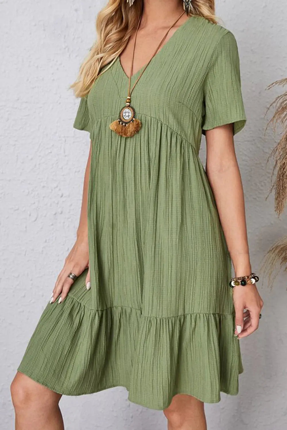 Full Size Ruched V-Neck Short Sleeve Dress -BazaarBey - www.shopbazaarbey.com