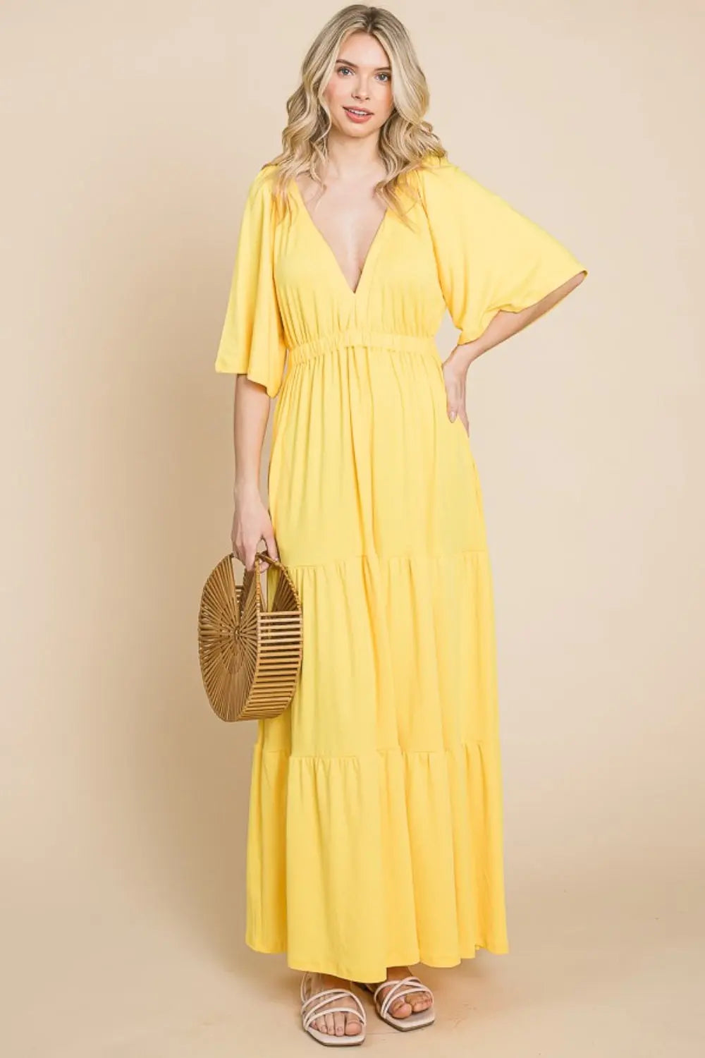  Backless Plunge Half Sleeve Tiered Dress -BazaarBey - www.shopbazaarbey.com