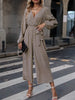 Printed Surplice Neck Tie Waist Wide Leg Jumpsuit Trendsi