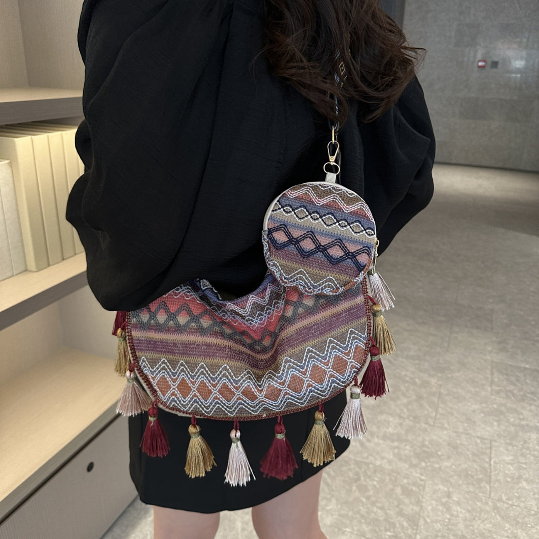 Printed Tassel Detail Crossbody Bag with Small Purse Trendsi