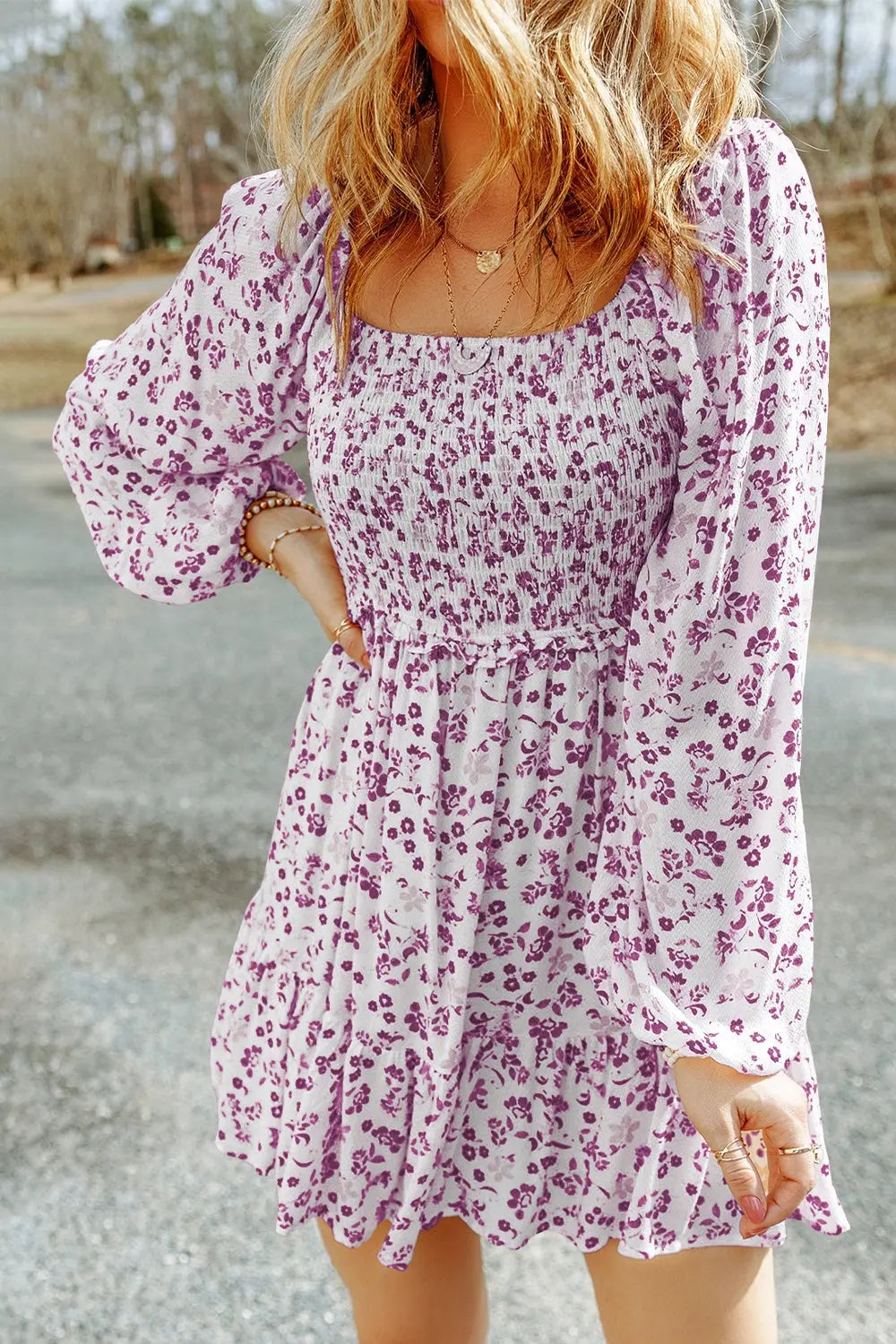 Smocked Floral Square Neck Balloon Sleeve Dress -BazaarBey - www.shopbazaarbey.com